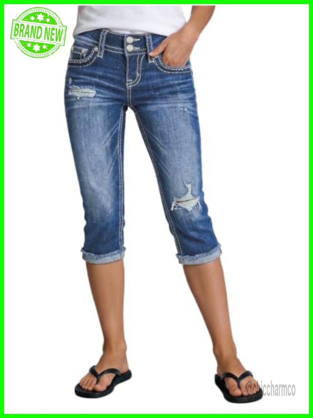 Mid Rise Skinny Ripped Capri Jeans Roll Hem Stretch Denim
